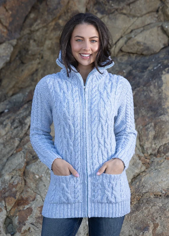 Fringed - cardigan for a bohemian look -Aran Claddagh Zip Cardigan | Sky Blue