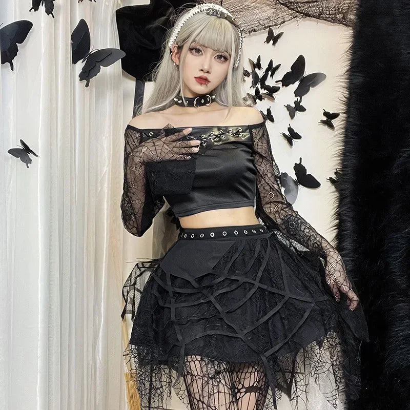 A-line skirts for flattering timeless silhouettes -Gothic Y2K Harajuku Spider Web Patchwork Lace Tassel Mini Skirt