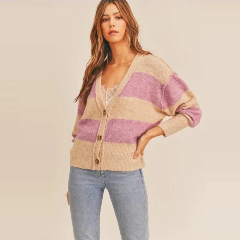 Black - cardigan for a versatile wardrobe staple -Striped Button Down Cardigan (Beige Lilac)