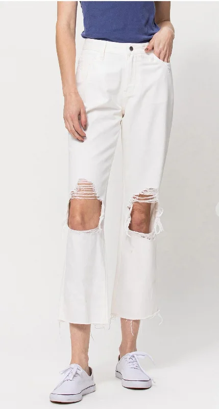 Bold patterned tight trousers for women with geometric or floral prints for unique look -90S Vintage Ankle Straight Jeans In White