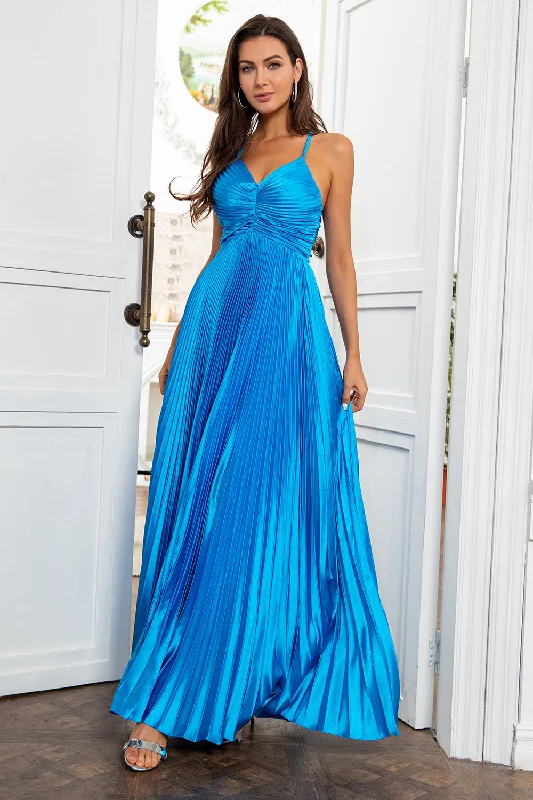 Satin Dresses for Shiny Look -A Line Spaghetti Straps Lake Blue Long Prom Dress