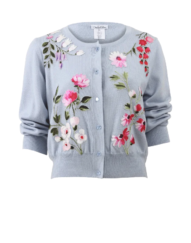 Button - front cardigan for easy wearing -Floral Embroidered Cropped Cardigan