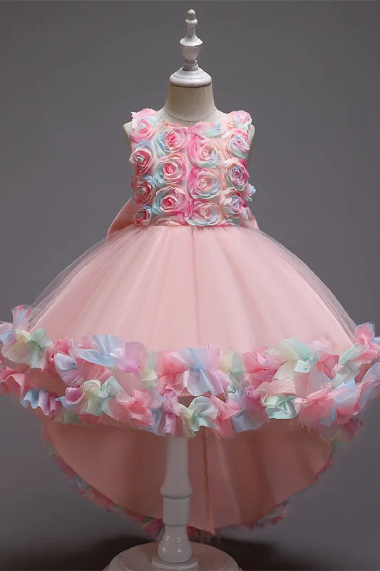 Elastic Dresses for Fit -Pink Flower Girl Dress with Flowers and Bowknot