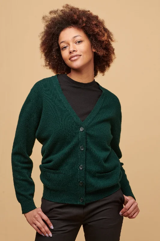 Machine - knitted cardigan for durability -Women's Lambswool Cardigan - Bottle Green