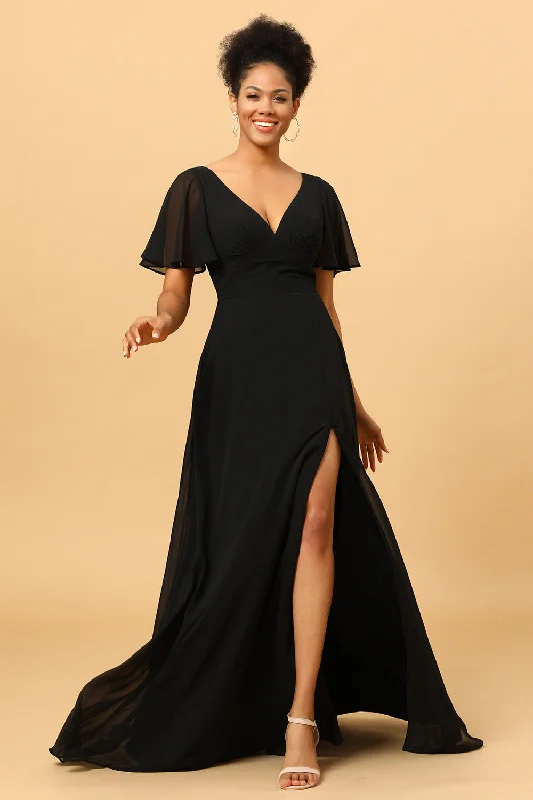 Studded Dresses for Statement -Black Batwing Sleeves Long Chiffon Bridesmaid Dress