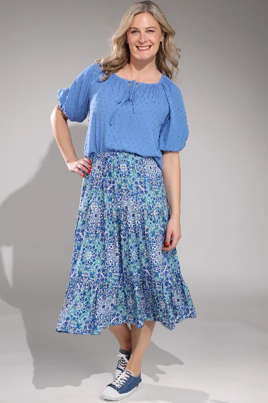 Bold skirts with vibrant tropical prints -Pull on elastic waist Tiered Skirt | Blues Sage Vine | 3367A1