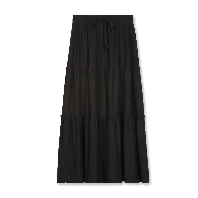 Affordable denim skirts for everyday cool -Elastic Waist Tiered Ruffle Maxi Skirt- Black