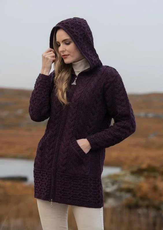 Sequined cardigan for party occasions -Aran Hooded Cardigan With Celtic Knot Zipper | Plum