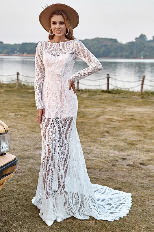 Black Dresses for Versatile -Ivory Mermaid Long Sleeves Lace Boho Wedding Dress With Sweep Train