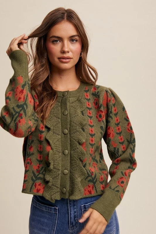 Fine - knit cardigan for a smooth finish -Ruffles and Flowers Knit Cardigan