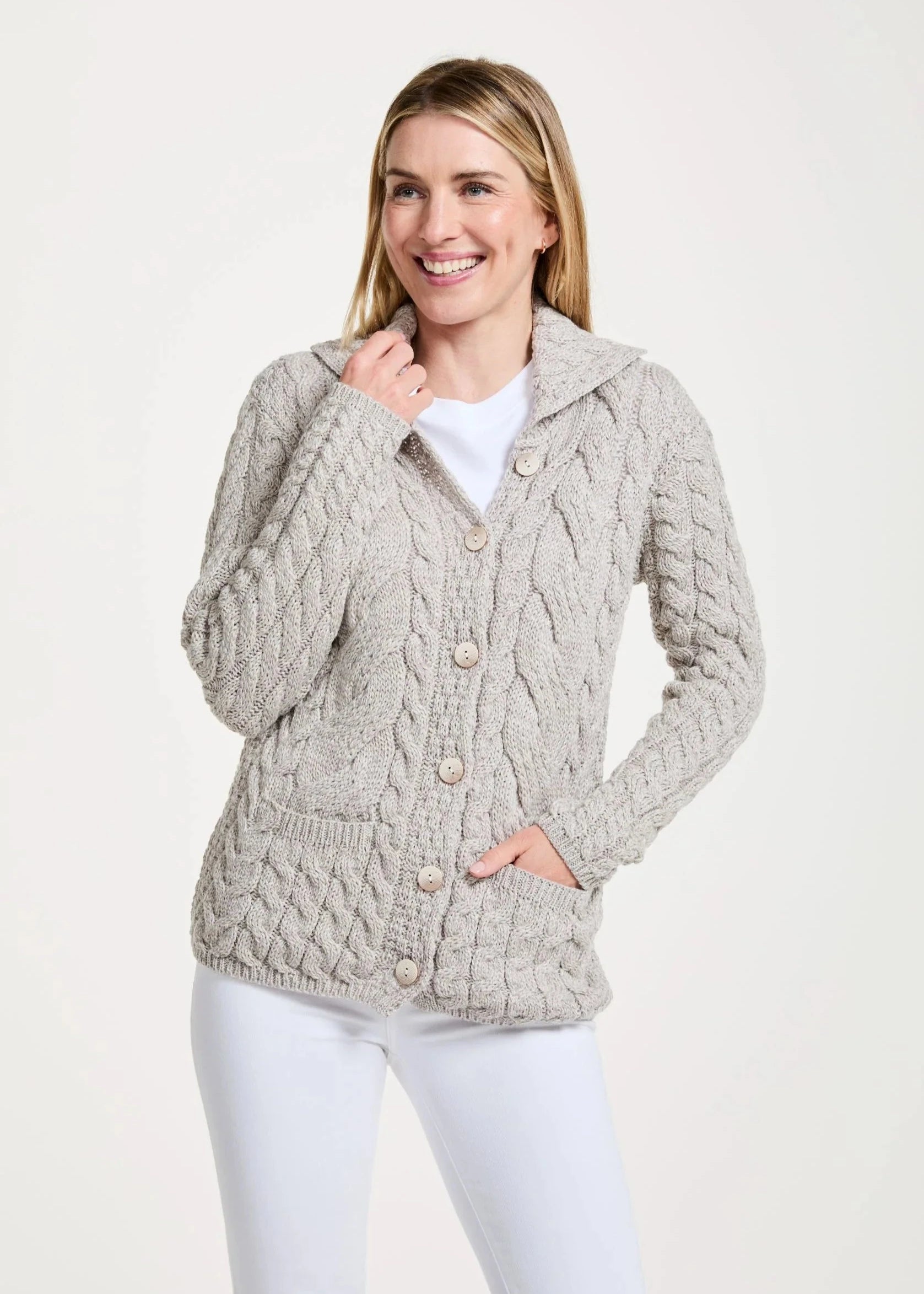 Birthday - party cardigan for a festive look -Belcarra Ladies Aran Cardigan | Oatmeal