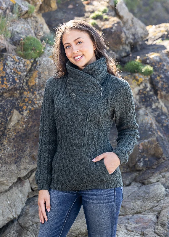 Indoor - gathering cardigan for a comfortable choice -Aran Bikers Claddagh Side Zip Cardigan | Army Green