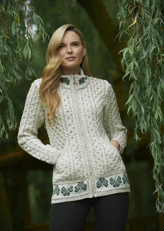 Semi - formal - event cardigan for a refined look -Aran Shamrock Cardigan | Oatmeal