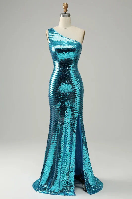 Polyester Dresses for Durable -Sparkly Blue Sequins One Shoulder Long Prom Dress with Slit