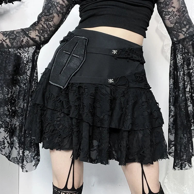 Cute mini skirts for trendy casual outings -Gothic Summer Ripped Hole Versatile Sexy Lace Cake Skirt