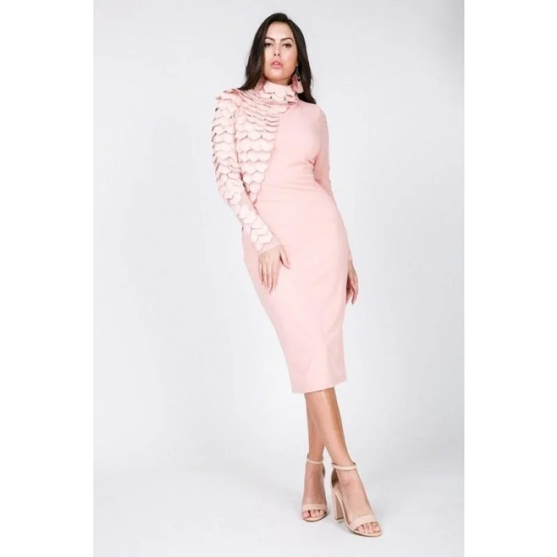 Evening Dresses for Formal Events -Fashion Women's Blush Faux Leather Mesh Tiered Long Sleeves Midi Dress