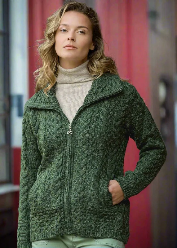 Long cardigan for tall women's fashion -Aran Crafts Double Collar Trinity Cardigan | Green