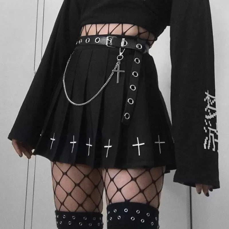 Lightweight linen skirts for breathable wear -High Waist Gothic Punk Cross Pattern Mini Pleated Skirt