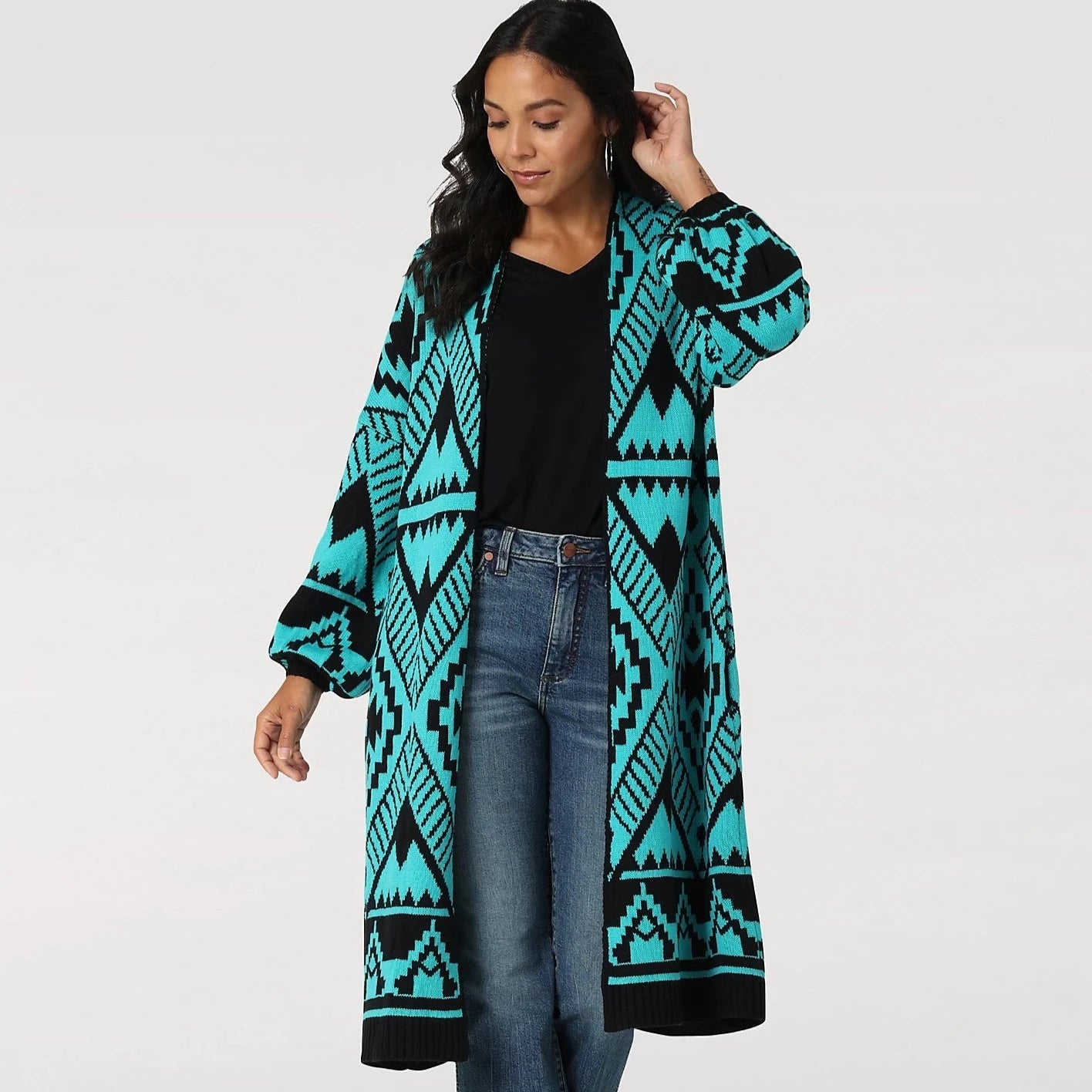 Herringbone - cardigan for a sophisticated appearance -Wrangler Women's Turquoise Aztec Long Cardigan