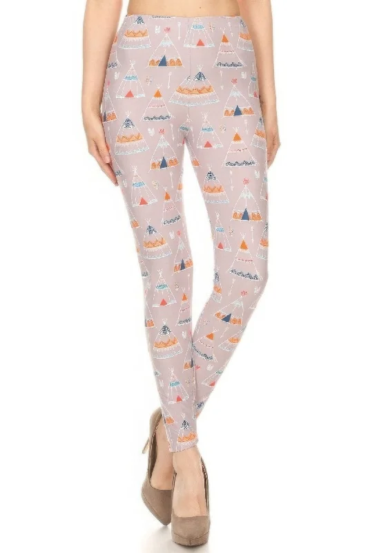 High-waisted tight trousers for women with pleated front and polished design -Teepee Print, High Rise, Fitted Leggings, With An Elastic Waistband