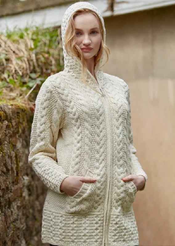 White - cardigan for a clean and fresh look -Aran Hooded Cardigan With Celtic Knot Zipper | Natural