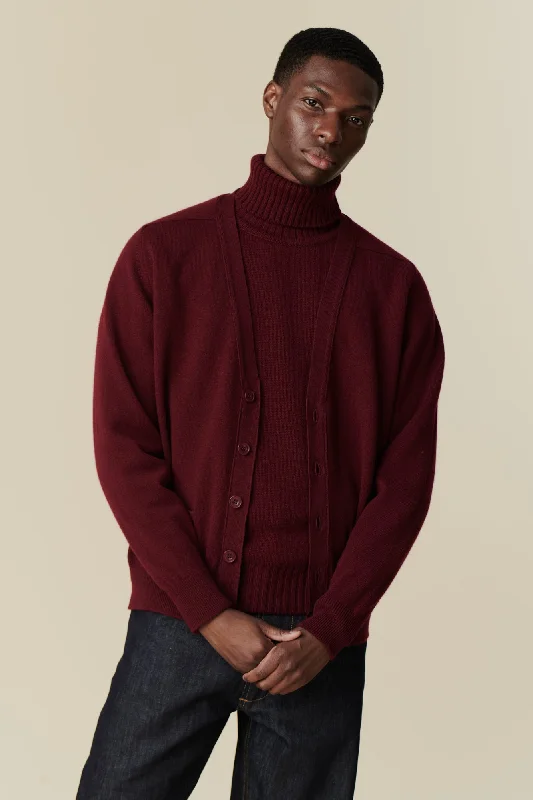 Modern - style cardigan for a contemporary feel -Men's Lambswool Cardigan - Burgundy