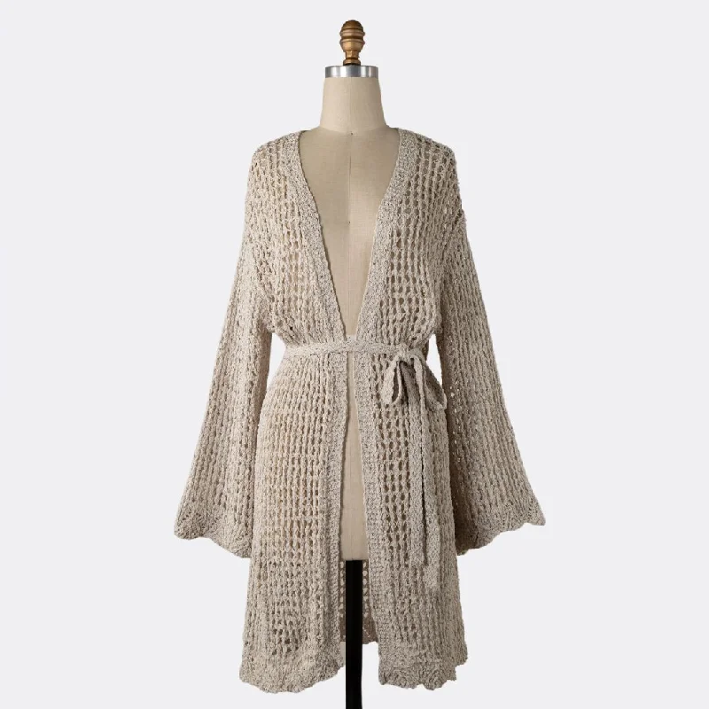 Striped cardigan for a classic look -Open Crochet Belted Cardigan (Cream)