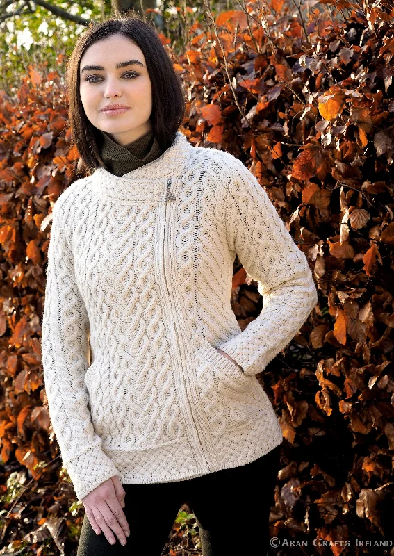 Sequined cardigan for party occasions -Aran Heart Design Zip Cardigan | Natural