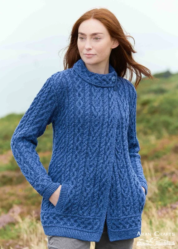 Boat - neck cardigan for a stylish look -Meath Side Button Aran Cardigan | Blue