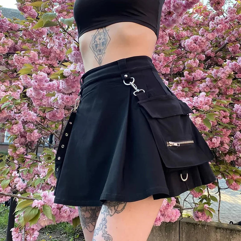 Casual cotton skirts for laid-back days -Black Sexy Harajuku High Gothic Mini Waist Patchwork Bandage Skirt