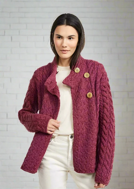 Fitted cardigan to show off curves -Aran 3 Buttons Trellis Cardigan | Raspberry