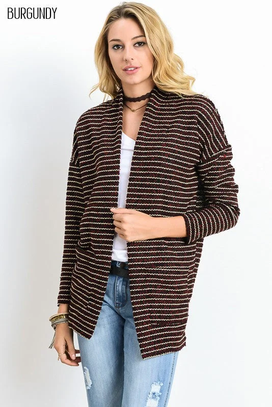 Sporting - event cardigan for a casual - sporty look -Striped Pocket Cardigan (Burgundy)