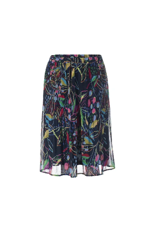 Ruffled skirts for feminine playful charm -Mini Pleat printed Chiffon Skirt | Multi Navy Lurex Leaf | 8579AR