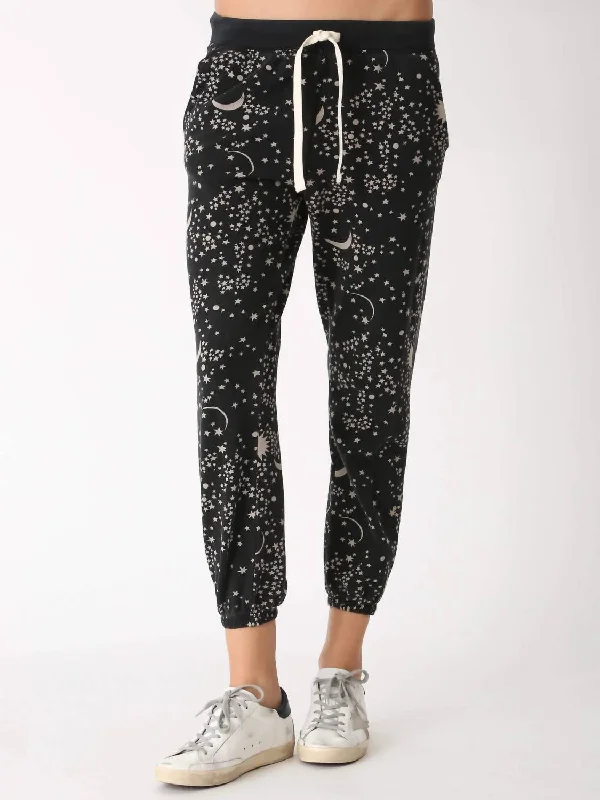 Denim tight trousers for women with skinny fit and timeless blue wash -Icon Jogger In Starstruck Print (Onyx / Taupe)