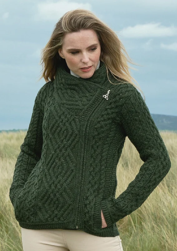 Chunky - knit cardigan for a textured look -Aran Crafts Ladies Side Zip Cardigan | Green