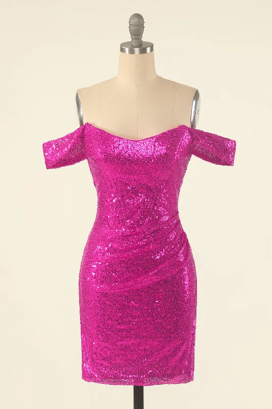 Birthday Dresses for Celebration -Fuchsia Off the Shoulder Sequins Tight Homecoming Dress