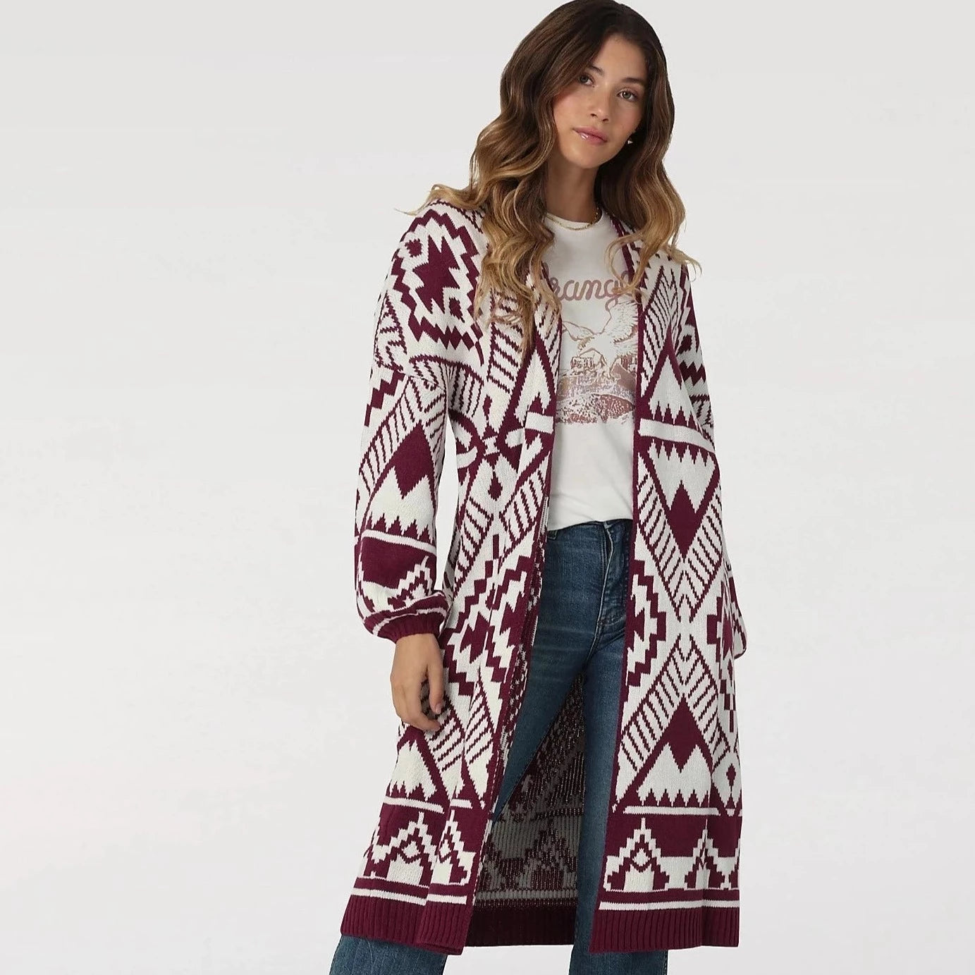 Argyle - cardigan with a traditional pattern -Wrangler Women's Magenta Aztec Long Cardigan