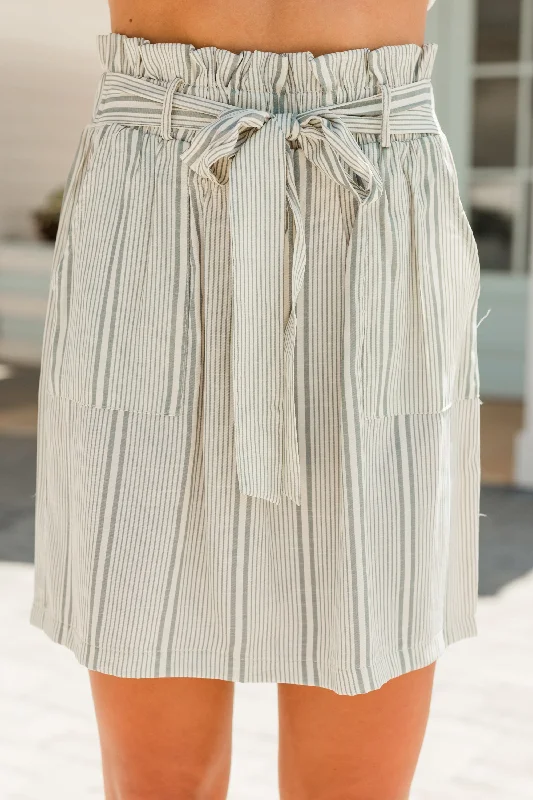 Luxury satin skirts for evening event elegance -Just Be Yourself Sand White Striped Skirt