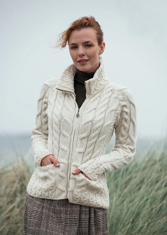 Metallic - cardigan for a shiny and glamorous look -Aran Full Zip Cardigan | Natural