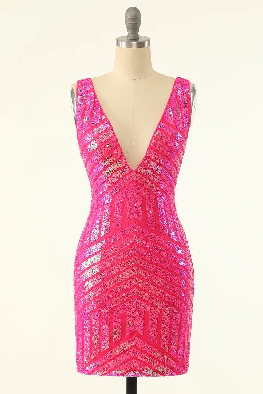 Khaki Dresses for Casual -Fuchsia Sequins V-Neck Tight Homecoming Dress