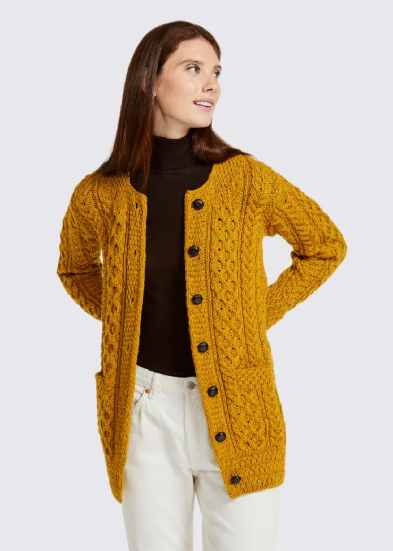 Formal - event cardigan for an elegant presence -Basket Weave Aran Cardigan | Mustard