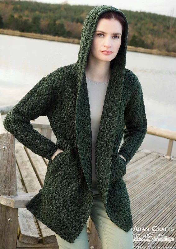 Fine - knit cardigan for a smooth finish -Shawl Hooded Aran Cardigan | Green