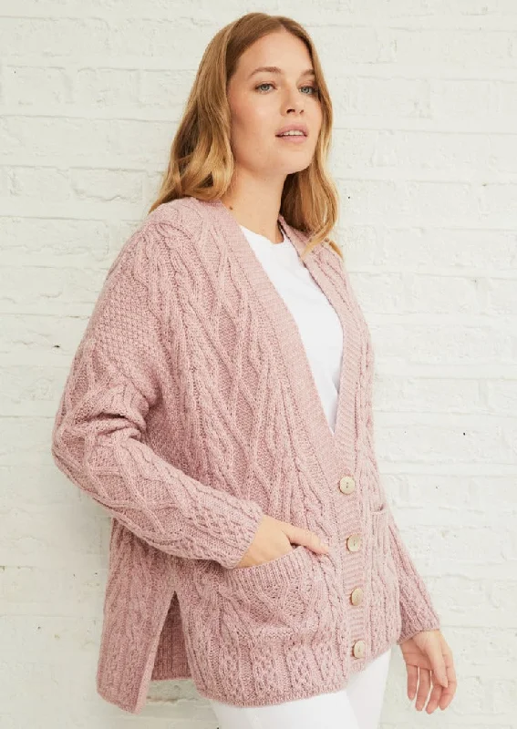 Zip - up cardigan for convenience -Valentia Aran Cardigan | Pink