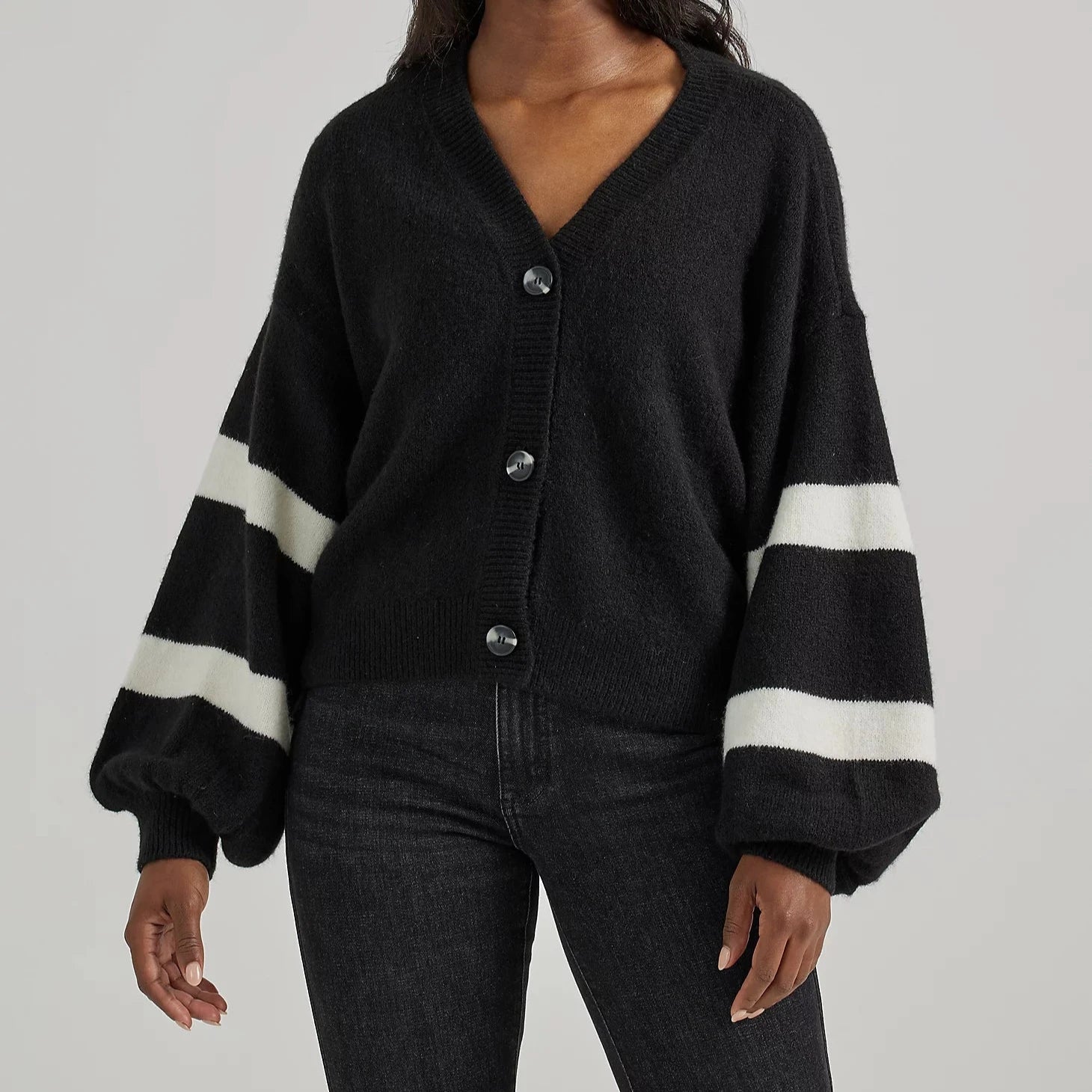 Office - appropriate cardigan for work -Wrangler Retro Women's Logo Blouson Sleeve Cardigan in Black