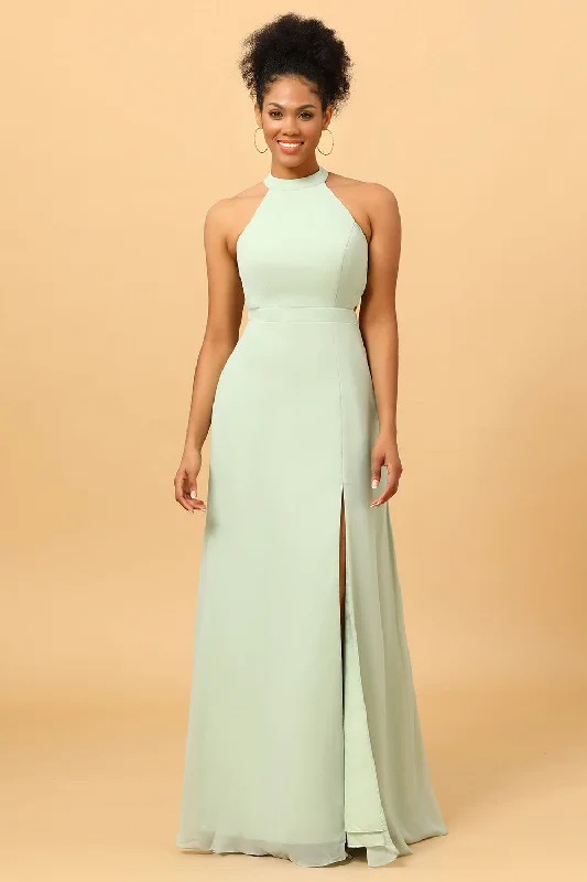 Low-waisted Dresses for Relaxed -A Line Halter Dusty Sage Long Bridesmaid Dress with Open Back