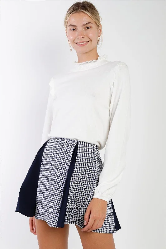 Cute denim skirts for youthful cool -Navy & Cream Houndstooth Print Pleated High Waist Mini Skirt