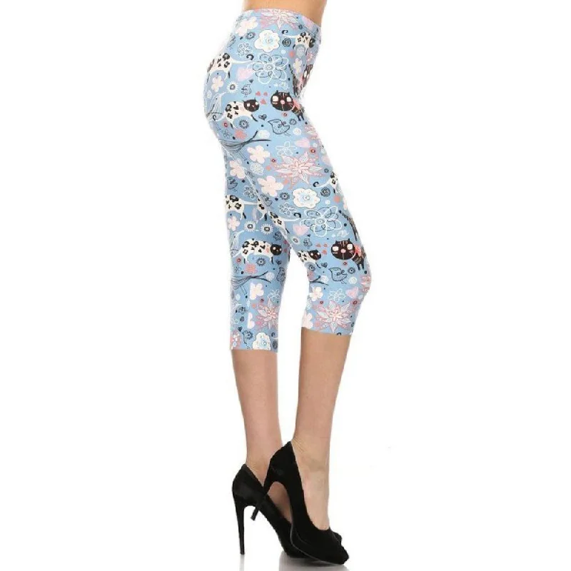 Versatile tight trousers for women with fold-over waist for adjustable comfort -Cats And Flowers Printed, High Waisted Capri Leggings