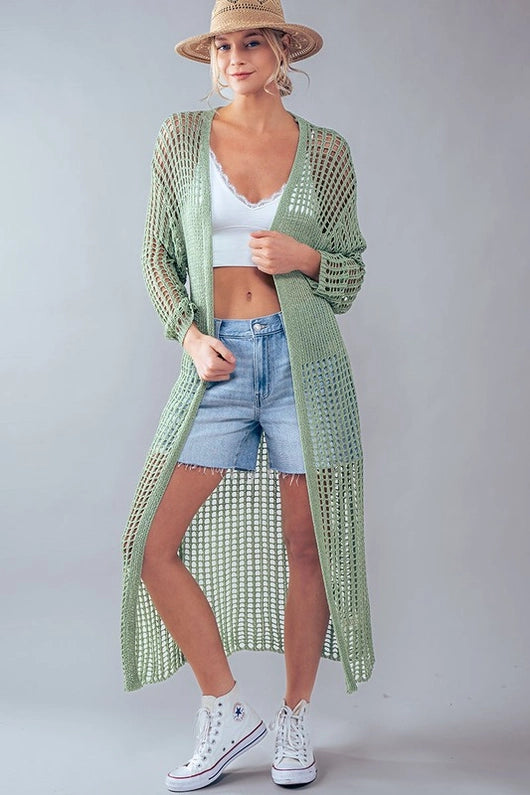 Round - neck cardigan for a cute appearance -Women's Crochet Lace Long Summer Cardigan in Sage