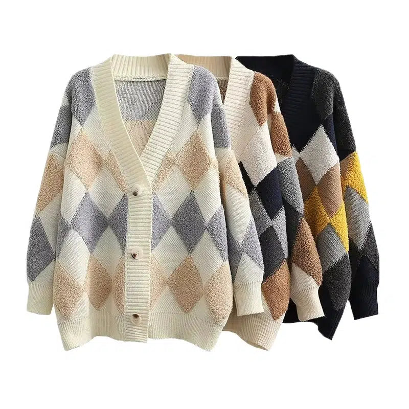 Short cardigan for petite women's style -Argyle Pattern Knit Cardigan