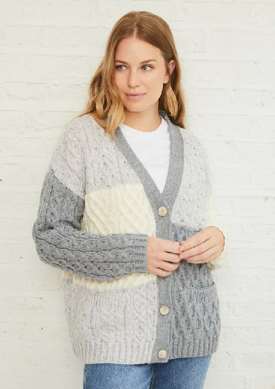 Open - front cardigan for a relaxed look -Aran Patchwork Cardigan | Dawn